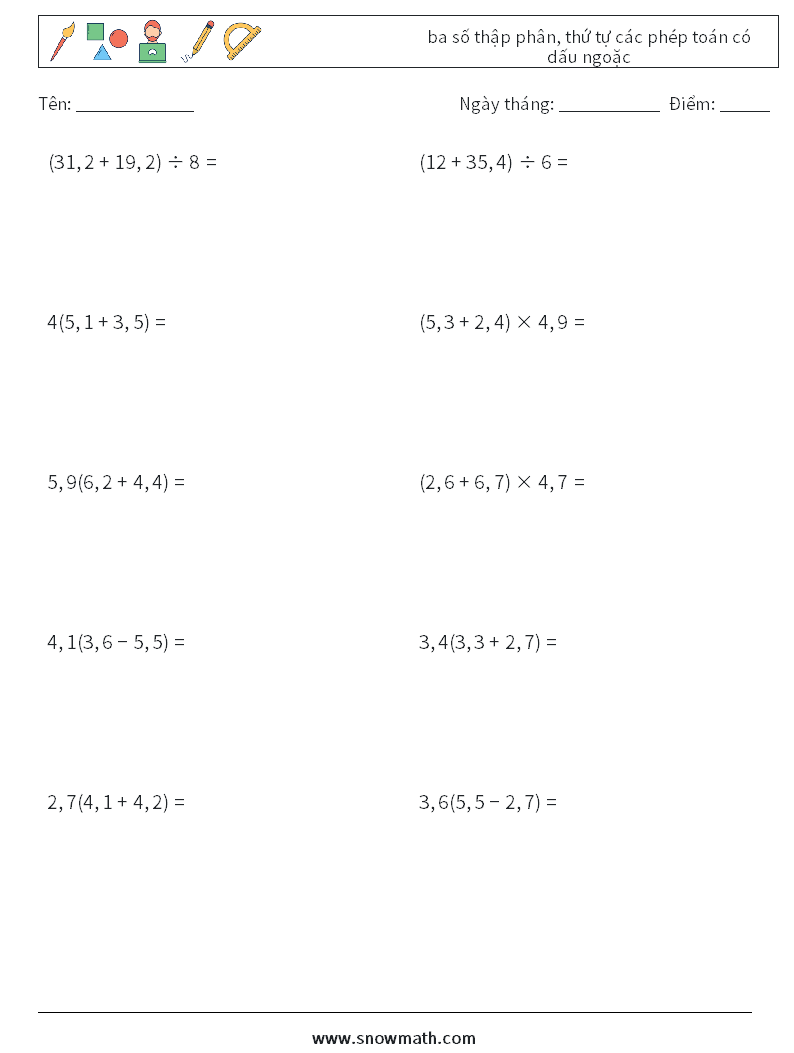 (10) ba số thập phân, thứ tự các phép toán có dấu ngoặc Bảng tính toán học 5