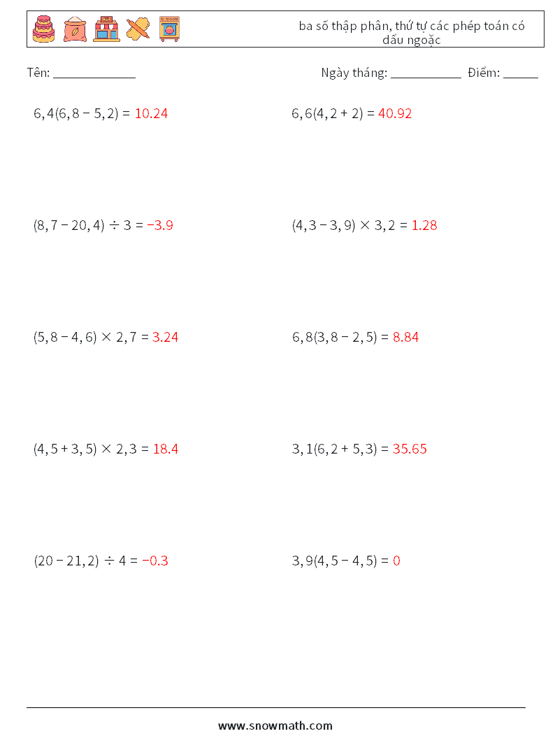 (10) ba số thập phân, thứ tự các phép toán có dấu ngoặc Bảng tính toán học 7 Câu hỏi, câu trả lời