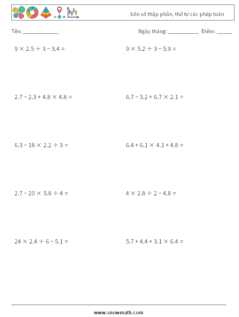 (10) bốn số thập phân, thứ tự các phép toán Bảng tính toán học 10