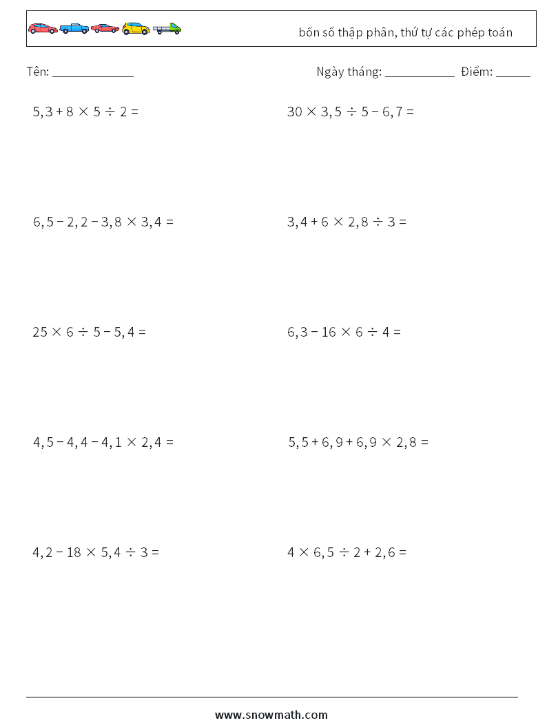 (10) bốn số thập phân, thứ tự các phép toán Bảng tính toán học 12