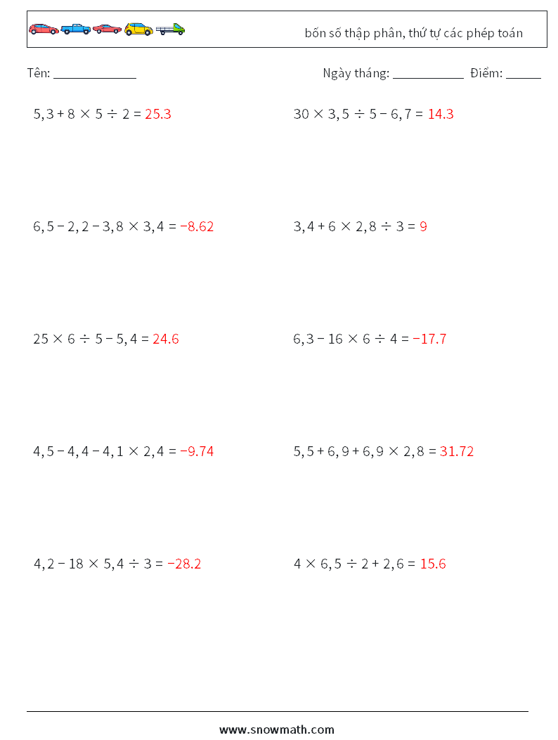 (10) bốn số thập phân, thứ tự các phép toán Bảng tính toán học 12 Câu hỏi, câu trả lời