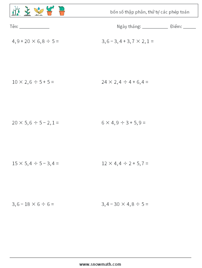 (10) bốn số thập phân, thứ tự các phép toán Bảng tính toán học 13