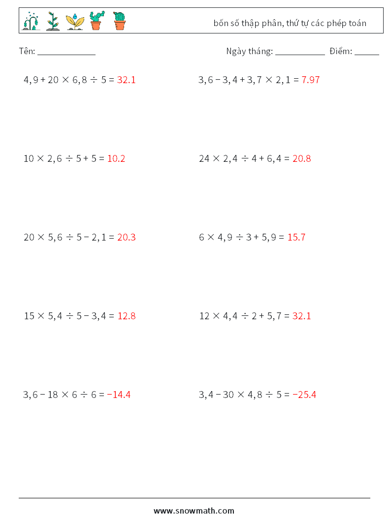 (10) bốn số thập phân, thứ tự các phép toán Bảng tính toán học 13 Câu hỏi, câu trả lời