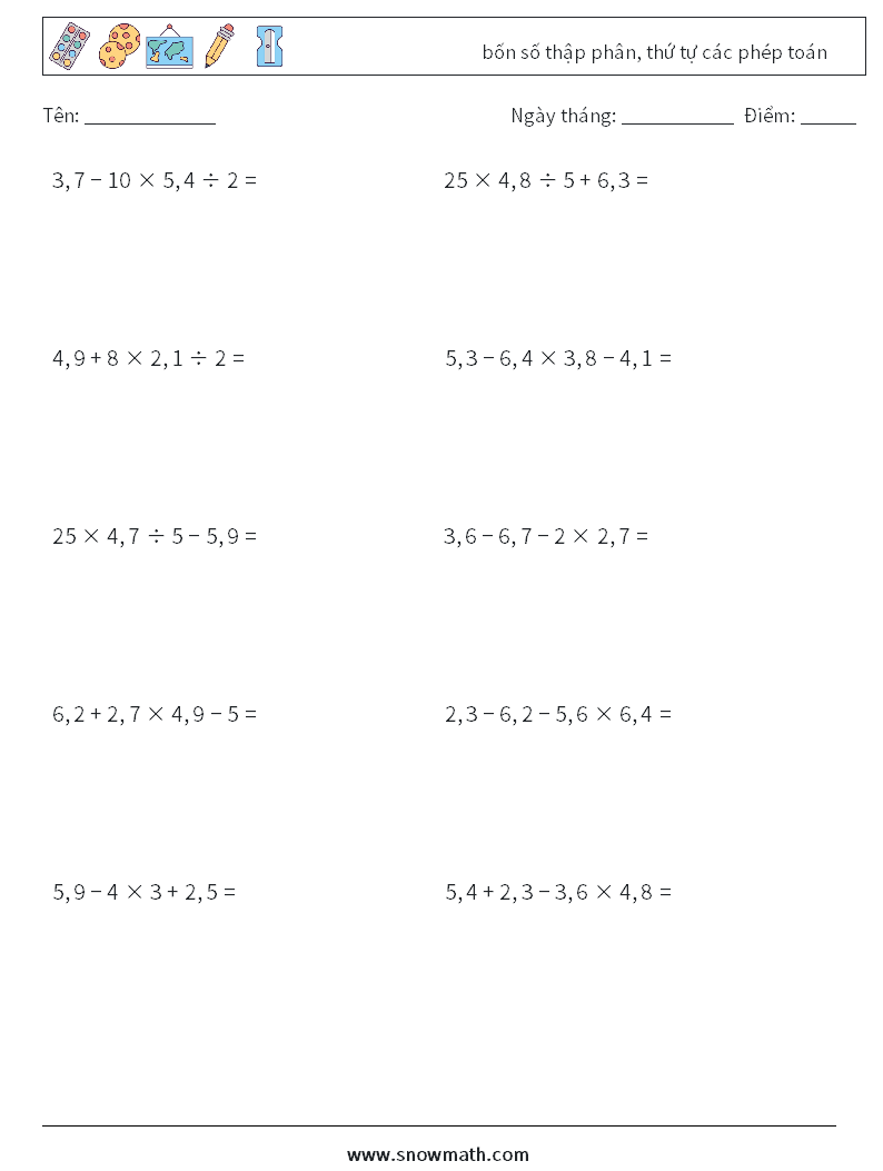 (10) bốn số thập phân, thứ tự các phép toán Bảng tính toán học 14