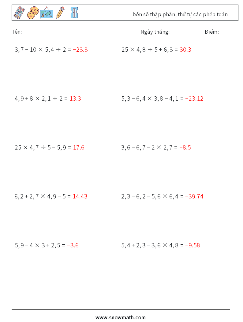 (10) bốn số thập phân, thứ tự các phép toán Bảng tính toán học 14 Câu hỏi, câu trả lời