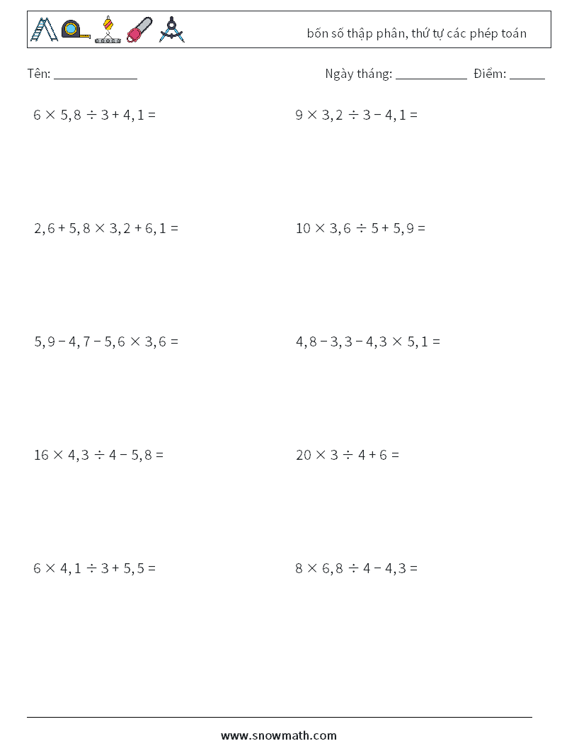 (10) bốn số thập phân, thứ tự các phép toán Bảng tính toán học 16