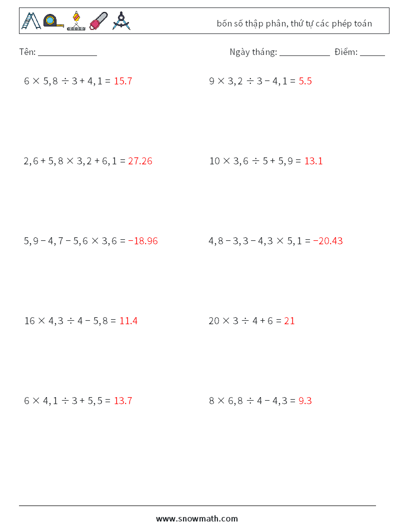 (10) bốn số thập phân, thứ tự các phép toán Bảng tính toán học 16 Câu hỏi, câu trả lời