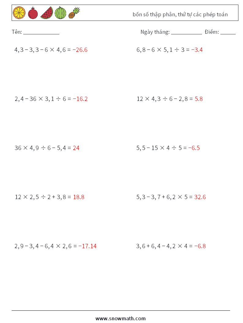 (10) bốn số thập phân, thứ tự các phép toán Bảng tính toán học 17 Câu hỏi, câu trả lời