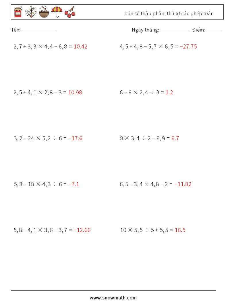 (10) bốn số thập phân, thứ tự các phép toán Bảng tính toán học 18 Câu hỏi, câu trả lời