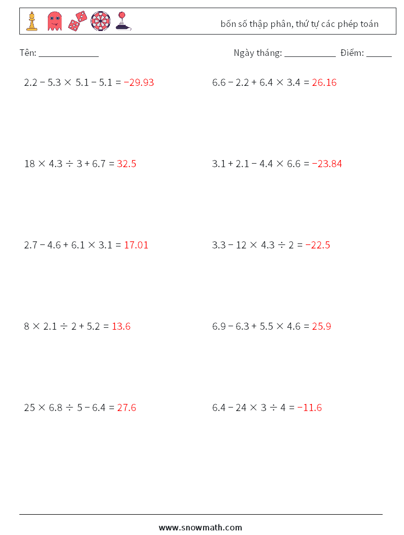 (10) bốn số thập phân, thứ tự các phép toán Bảng tính toán học 1 Câu hỏi, câu trả lời