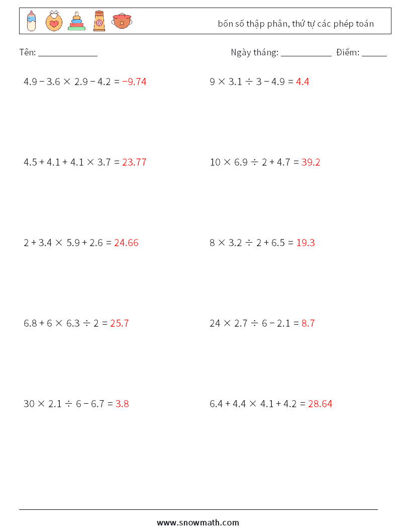 (10) bốn số thập phân, thứ tự các phép toán Bảng tính toán học 2 Câu hỏi, câu trả lời