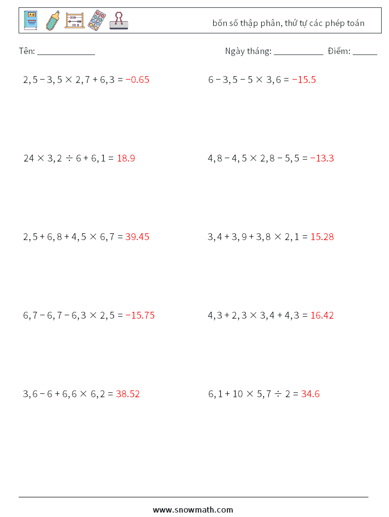 (10) bốn số thập phân, thứ tự các phép toán Bảng tính toán học 3 Câu hỏi, câu trả lời