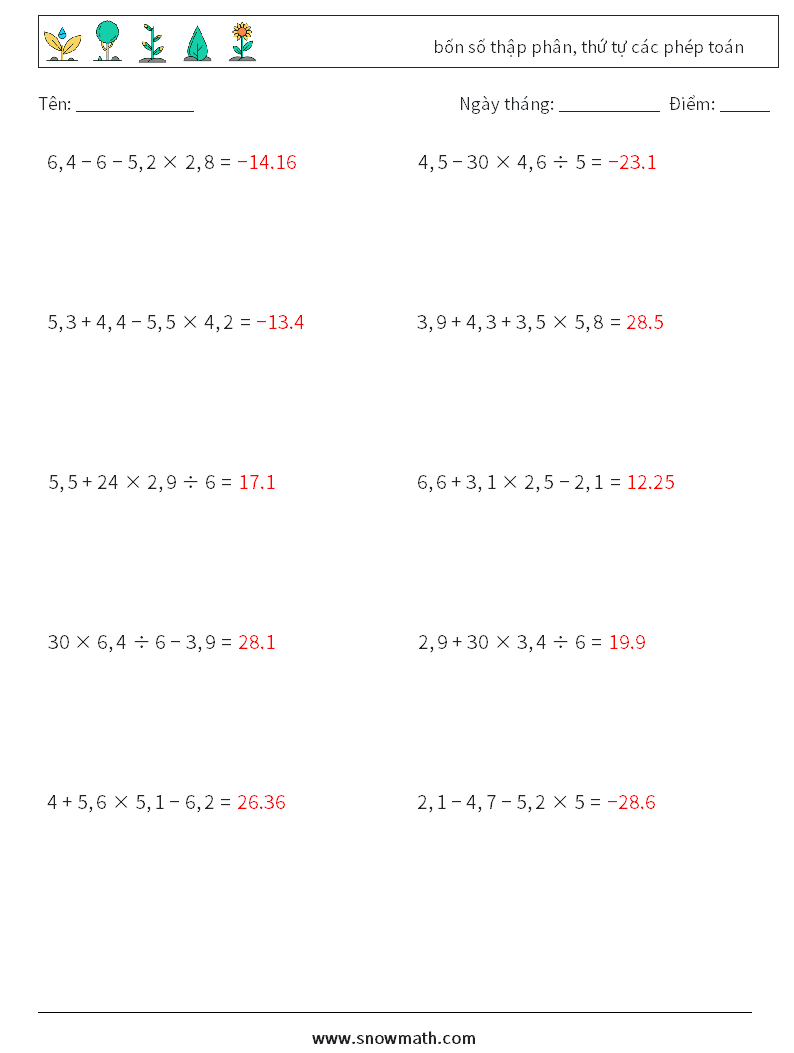 (10) bốn số thập phân, thứ tự các phép toán Bảng tính toán học 6 Câu hỏi, câu trả lời