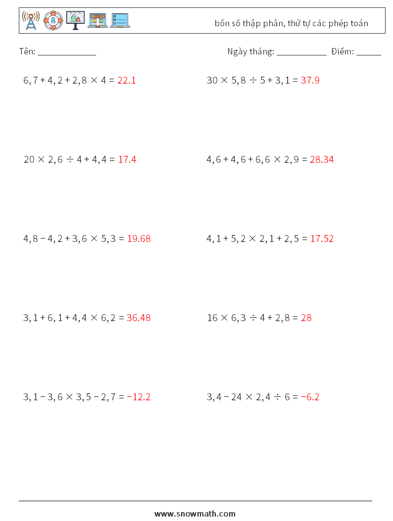 (10) bốn số thập phân, thứ tự các phép toán Bảng tính toán học 8 Câu hỏi, câu trả lời