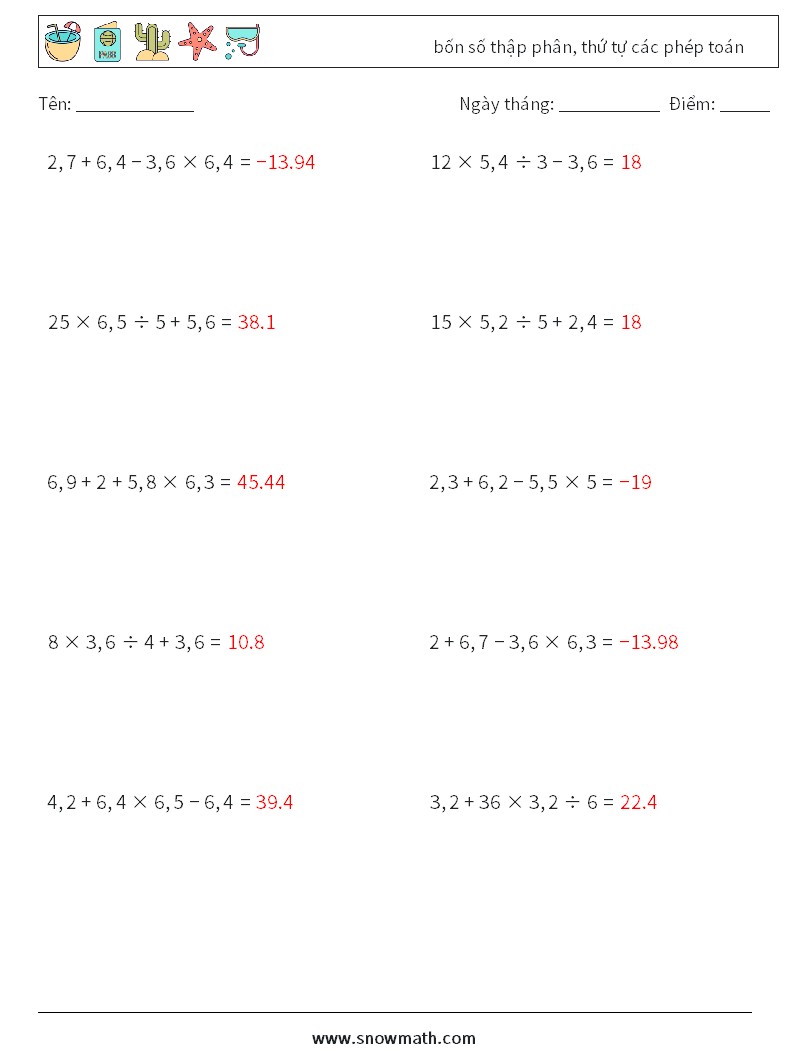 (10) bốn số thập phân, thứ tự các phép toán Bảng tính toán học 9 Câu hỏi, câu trả lời