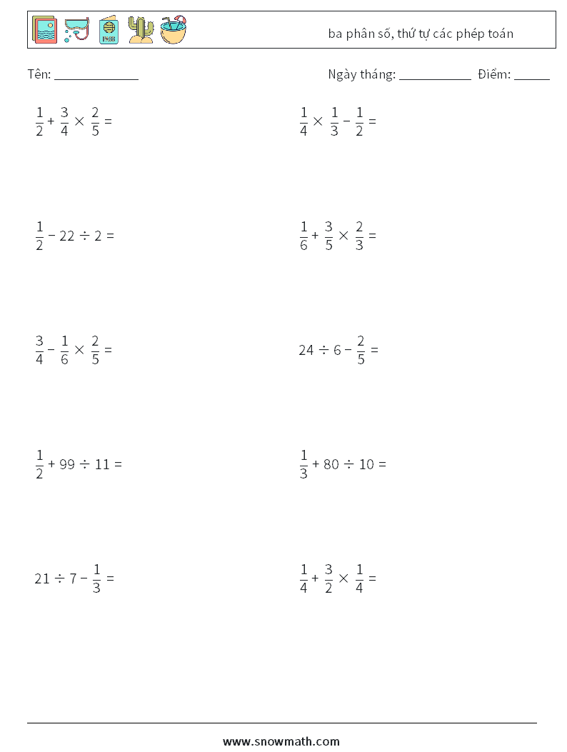 (10) ba phân số, thứ tự các phép toán