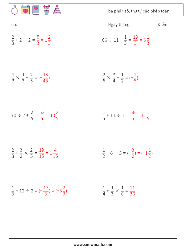 (10) ba phân số, thứ tự các phép toán Bảng tính toán học 10 Câu hỏi, câu trả lời