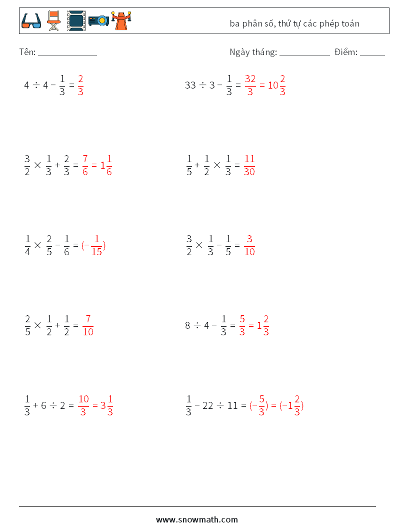 (10) ba phân số, thứ tự các phép toán Bảng tính toán học 11 Câu hỏi, câu trả lời