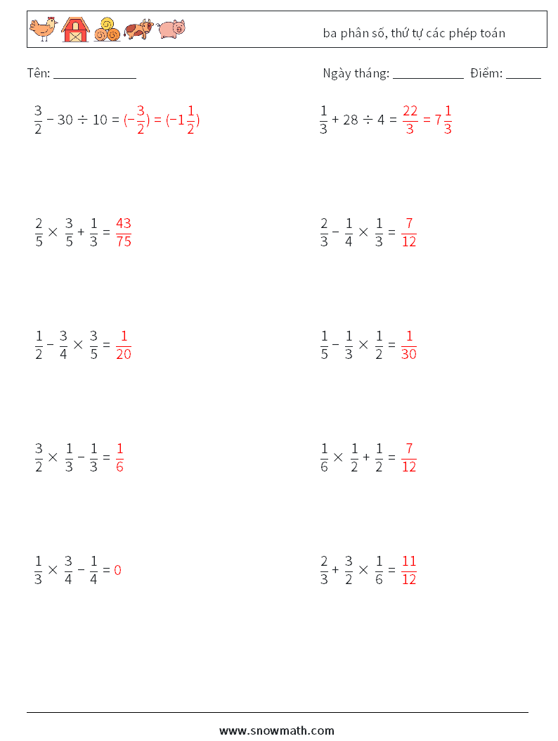 (10) ba phân số, thứ tự các phép toán Bảng tính toán học 12 Câu hỏi, câu trả lời