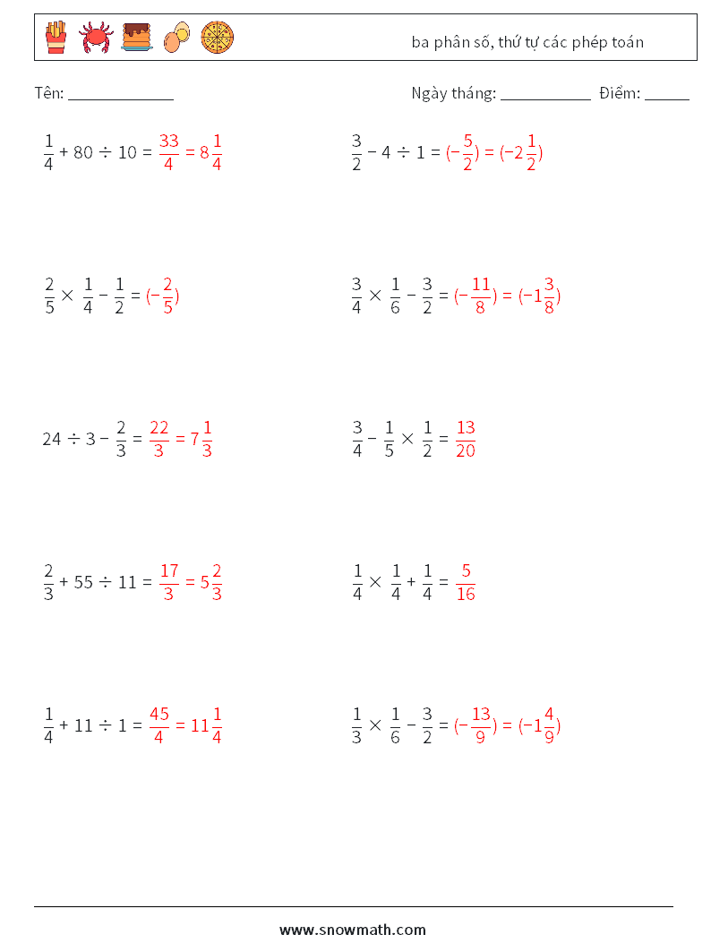 (10) ba phân số, thứ tự các phép toán Bảng tính toán học 13 Câu hỏi, câu trả lời