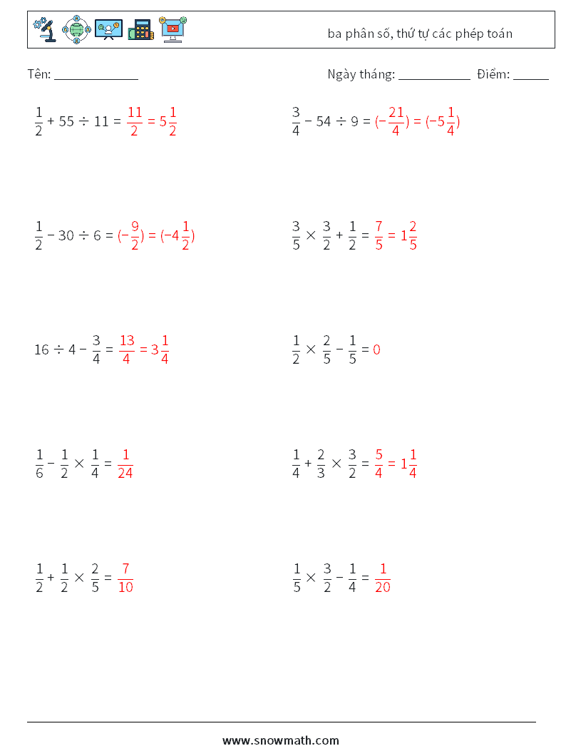 (10) ba phân số, thứ tự các phép toán Bảng tính toán học 14 Câu hỏi, câu trả lời