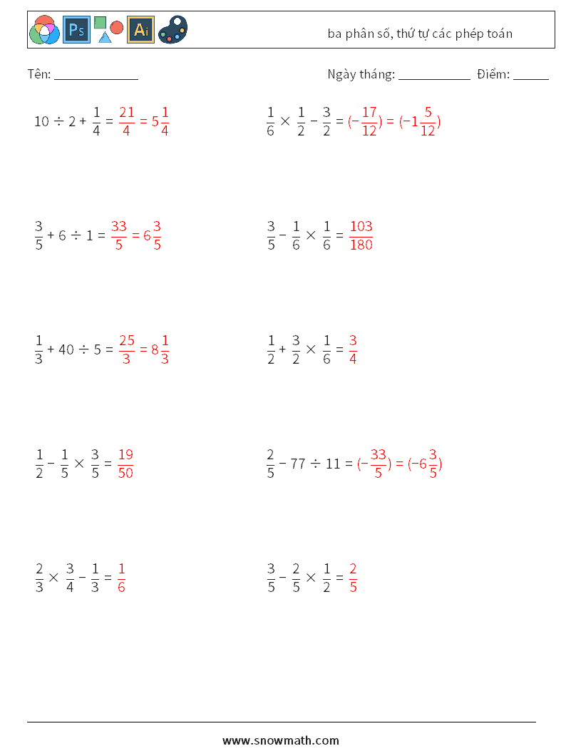 (10) ba phân số, thứ tự các phép toán Bảng tính toán học 15 Câu hỏi, câu trả lời