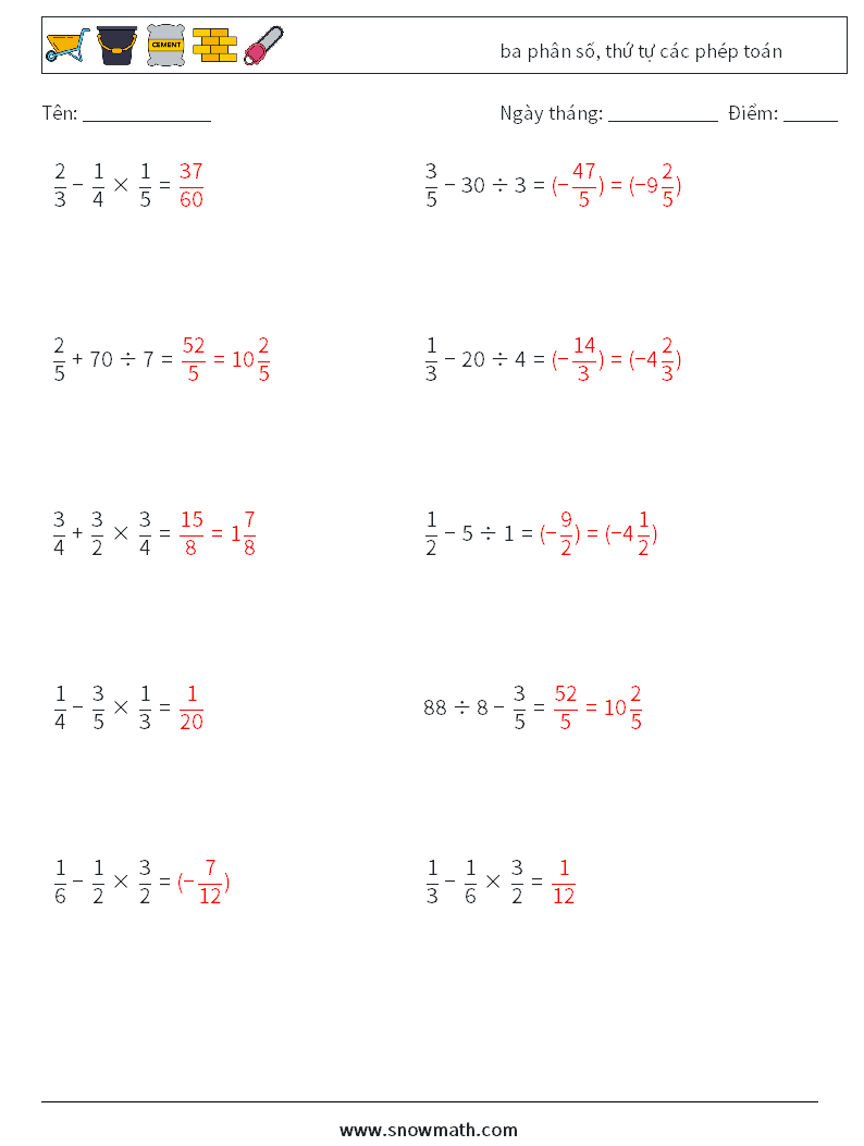 (10) ba phân số, thứ tự các phép toán Bảng tính toán học 16 Câu hỏi, câu trả lời