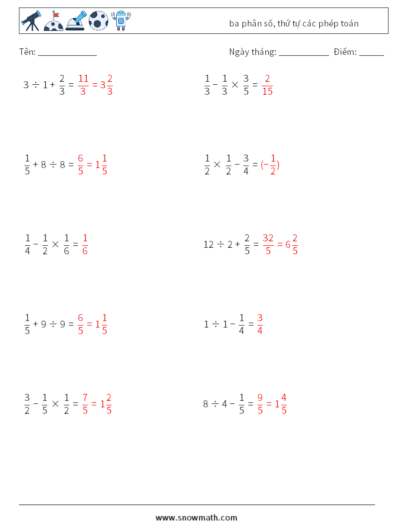 (10) ba phân số, thứ tự các phép toán Bảng tính toán học 17 Câu hỏi, câu trả lời