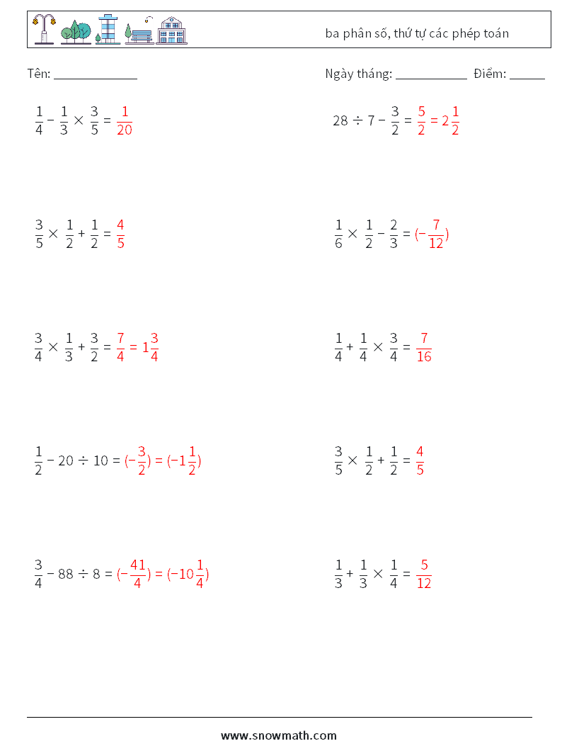 (10) ba phân số, thứ tự các phép toán Bảng tính toán học 18 Câu hỏi, câu trả lời