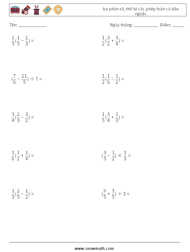 (10) ba phân số, thứ tự các phép toán có dấu ngoặc Bảng tính toán học 10