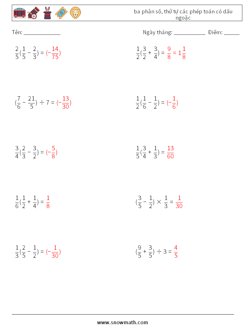 (10) ba phân số, thứ tự các phép toán có dấu ngoặc Bảng tính toán học 10 Câu hỏi, câu trả lời