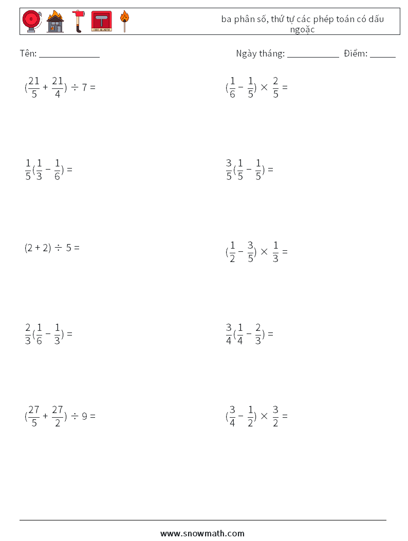 (10) ba phân số, thứ tự các phép toán có dấu ngoặc Bảng tính toán học 11