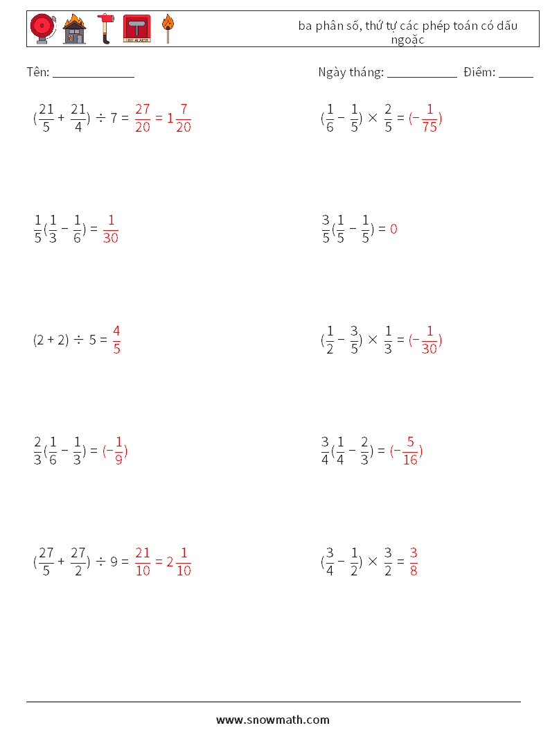 (10) ba phân số, thứ tự các phép toán có dấu ngoặc Bảng tính toán học 11 Câu hỏi, câu trả lời