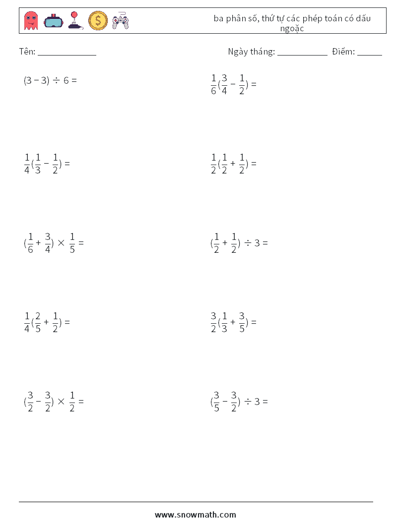 (10) ba phân số, thứ tự các phép toán có dấu ngoặc Bảng tính toán học 13