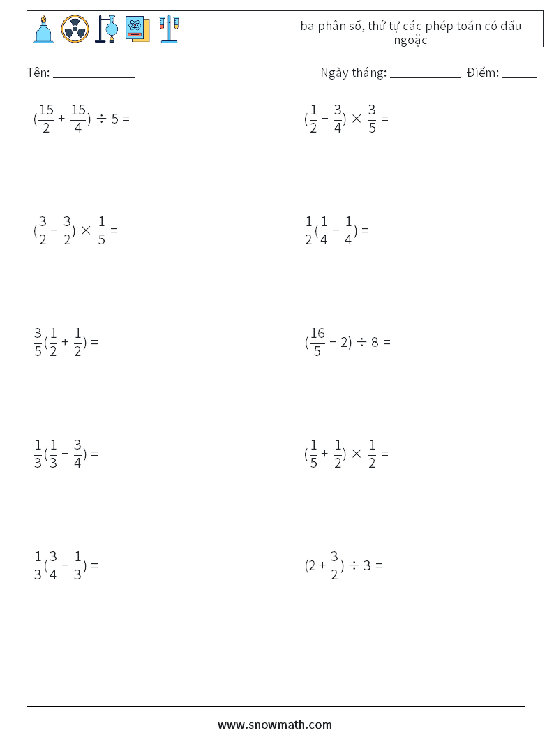 (10) ba phân số, thứ tự các phép toán có dấu ngoặc Bảng tính toán học 14
