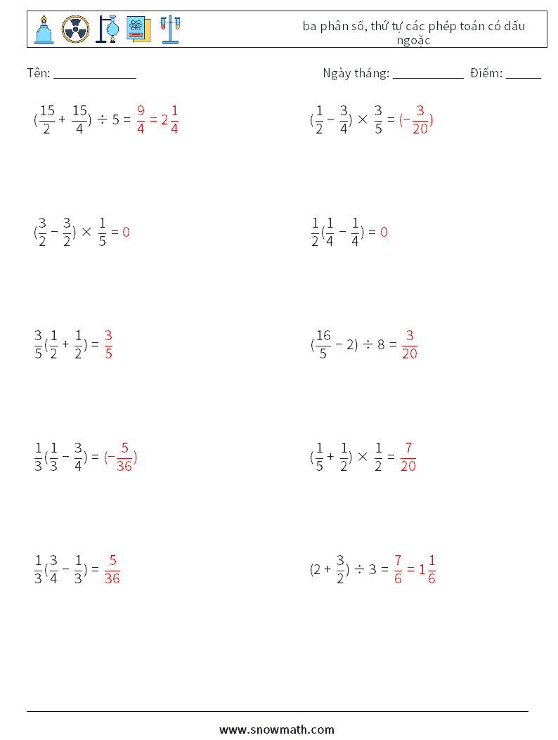 (10) ba phân số, thứ tự các phép toán có dấu ngoặc Bảng tính toán học 14 Câu hỏi, câu trả lời