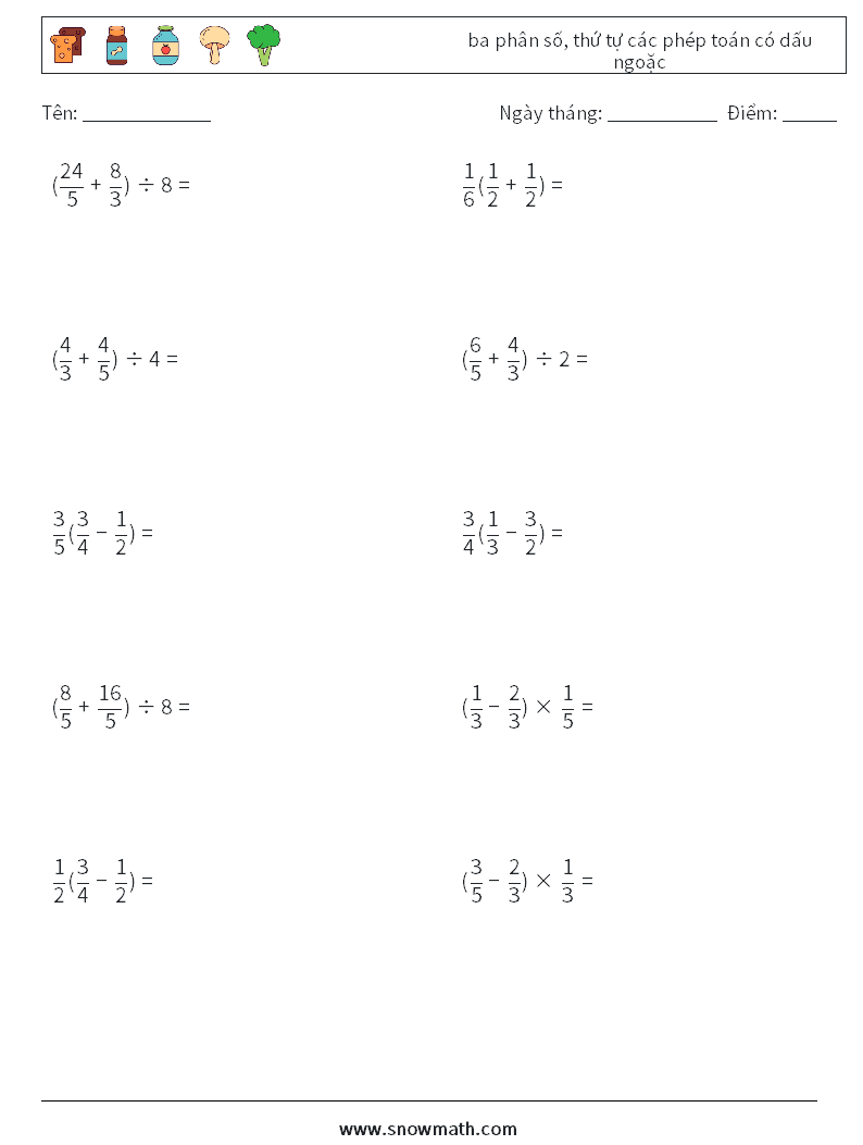 (10) ba phân số, thứ tự các phép toán có dấu ngoặc Bảng tính toán học 15
