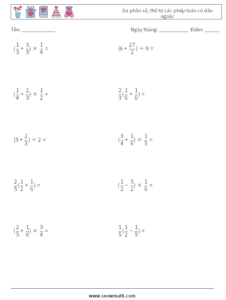 (10) ba phân số, thứ tự các phép toán có dấu ngoặc Bảng tính toán học 16