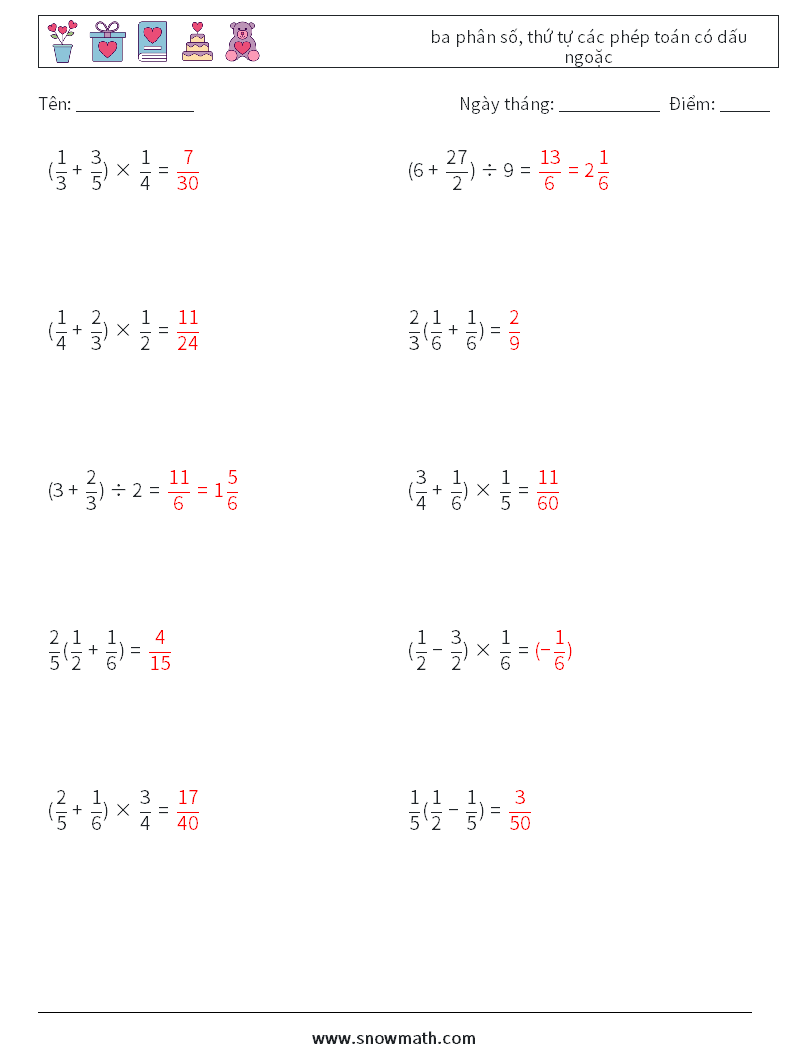 (10) ba phân số, thứ tự các phép toán có dấu ngoặc Bảng tính toán học 16 Câu hỏi, câu trả lời