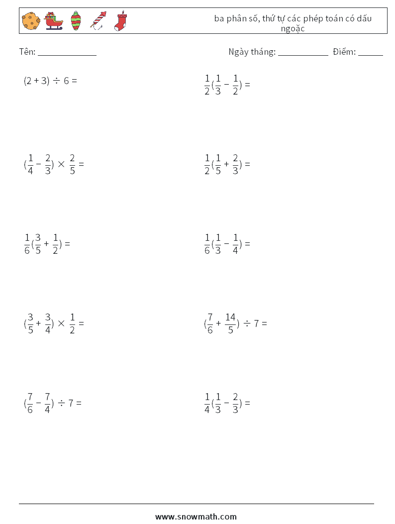 (10) ba phân số, thứ tự các phép toán có dấu ngoặc Bảng tính toán học 17