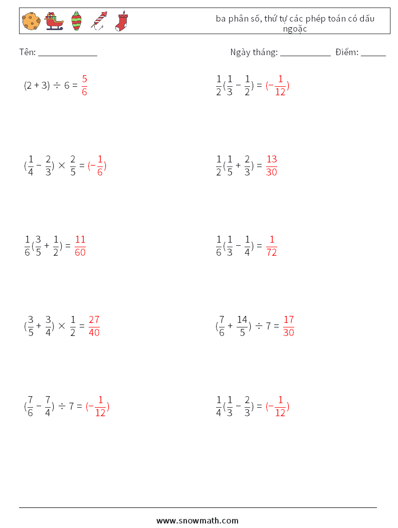 (10) ba phân số, thứ tự các phép toán có dấu ngoặc Bảng tính toán học 17 Câu hỏi, câu trả lời