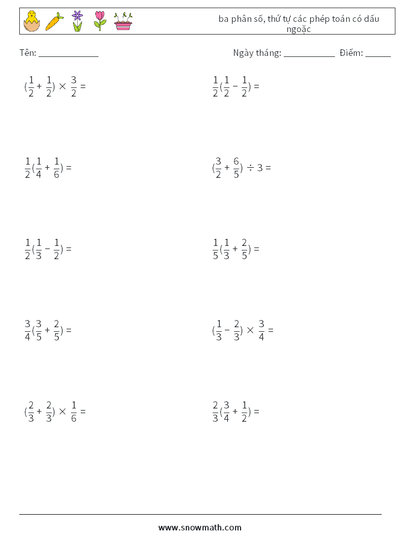 (10) ba phân số, thứ tự các phép toán có dấu ngoặc Bảng tính toán học 18