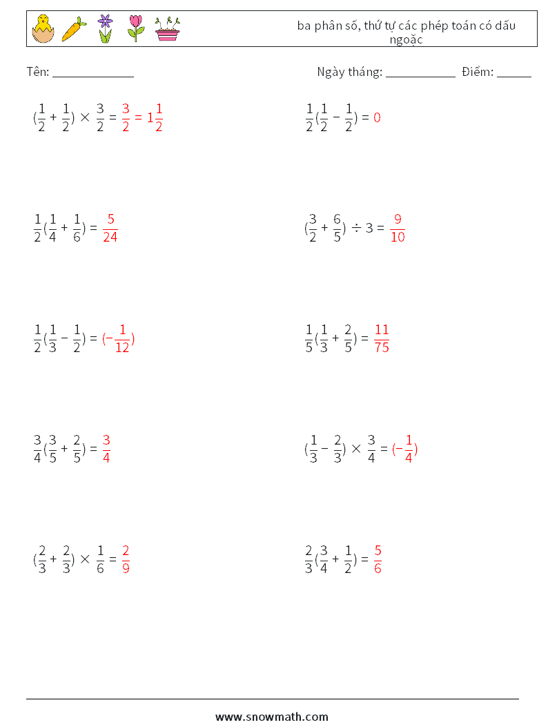 (10) ba phân số, thứ tự các phép toán có dấu ngoặc Bảng tính toán học 18 Câu hỏi, câu trả lời