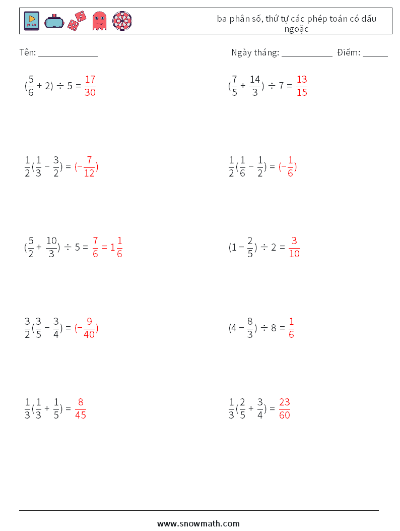 (10) ba phân số, thứ tự các phép toán có dấu ngoặc Bảng tính toán học 2 Câu hỏi, câu trả lời