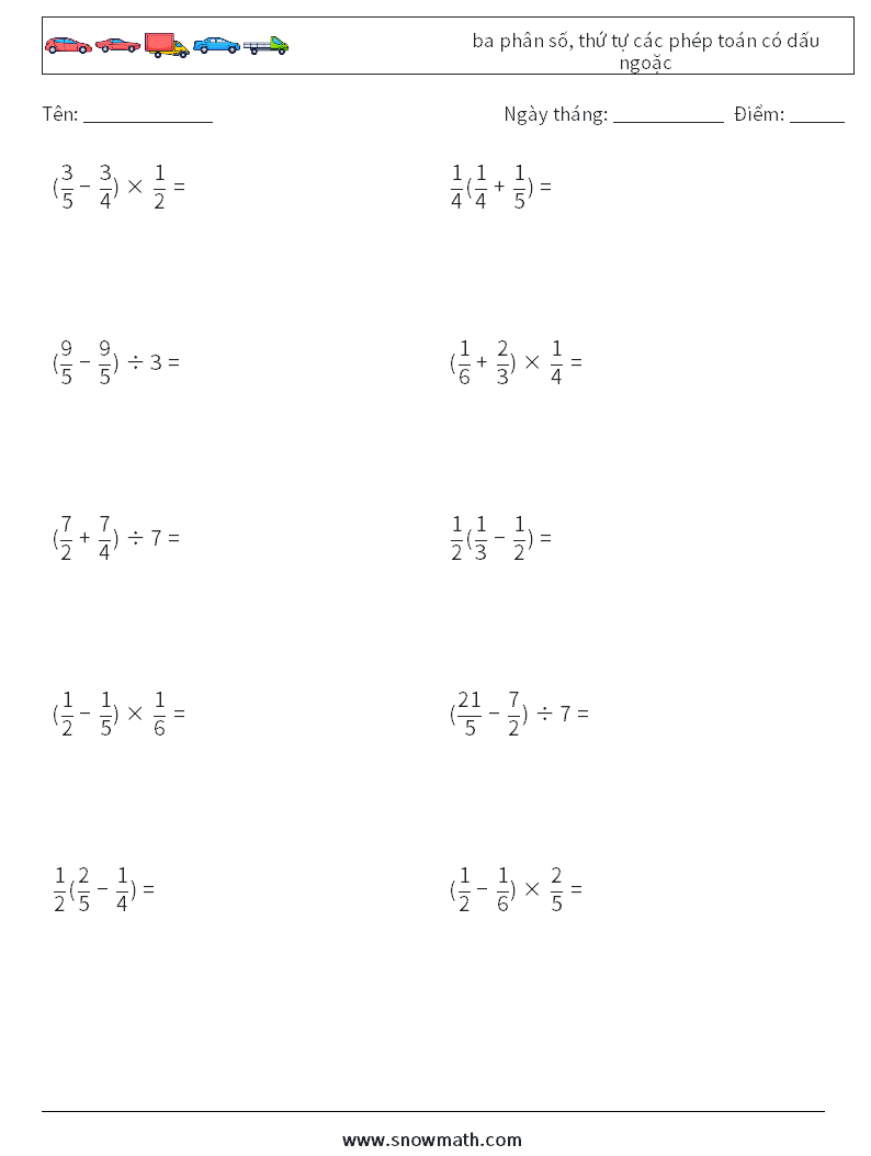 (10) ba phân số, thứ tự các phép toán có dấu ngoặc Bảng tính toán học 3