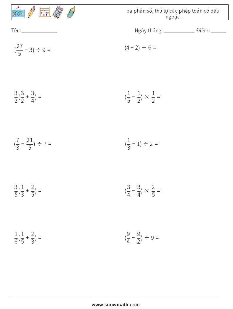 (10) ba phân số, thứ tự các phép toán có dấu ngoặc Bảng tính toán học 4