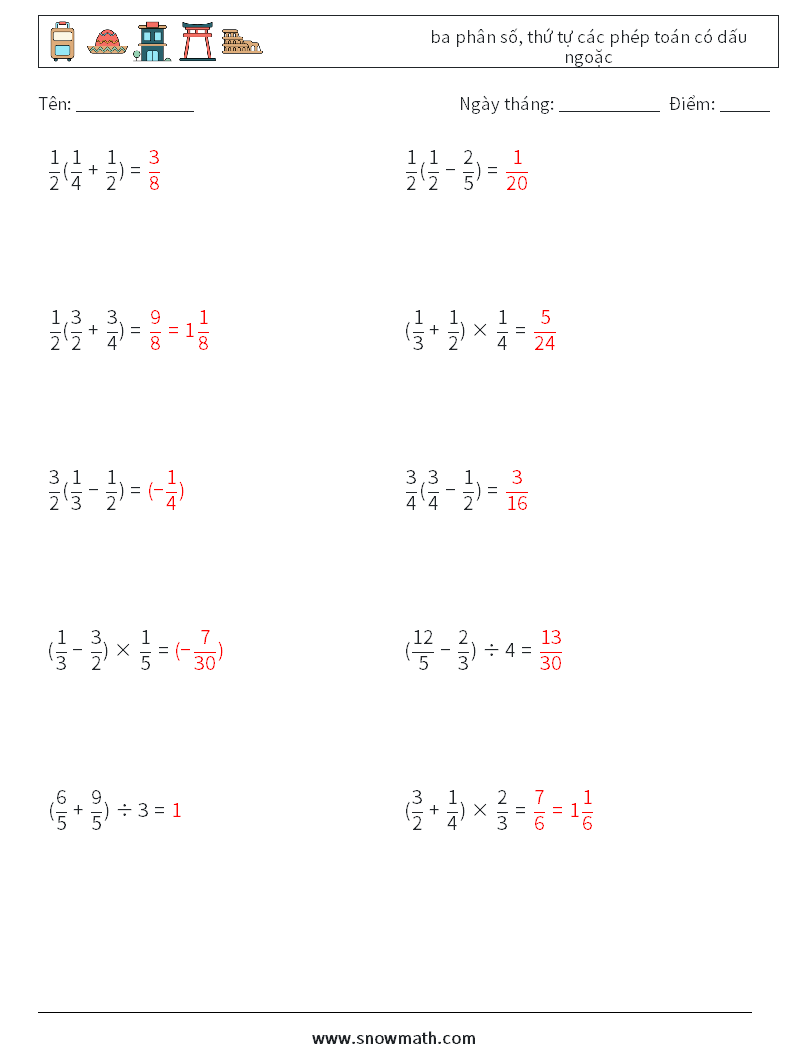 (10) ba phân số, thứ tự các phép toán có dấu ngoặc Bảng tính toán học 5 Câu hỏi, câu trả lời