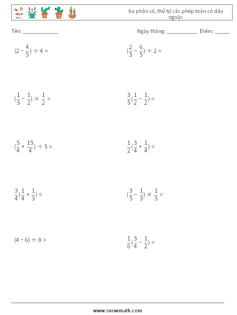 (10) ba phân số, thứ tự các phép toán có dấu ngoặc Bảng tính toán học 7
