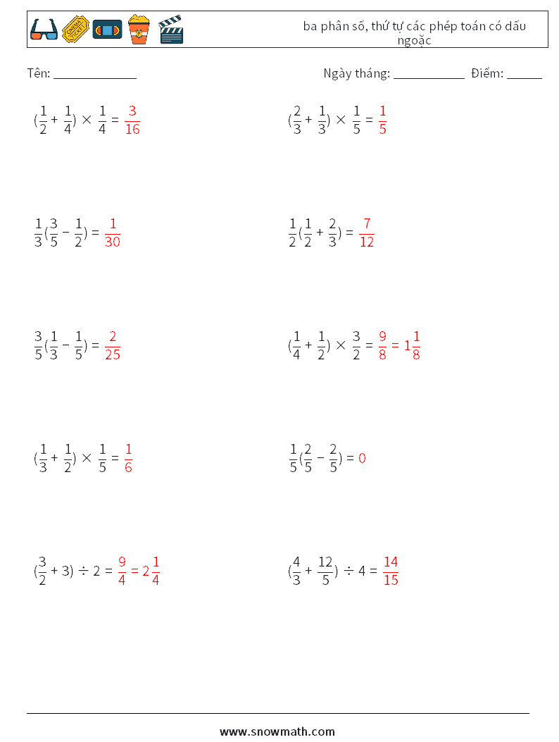 (10) ba phân số, thứ tự các phép toán có dấu ngoặc Bảng tính toán học 8 Câu hỏi, câu trả lời