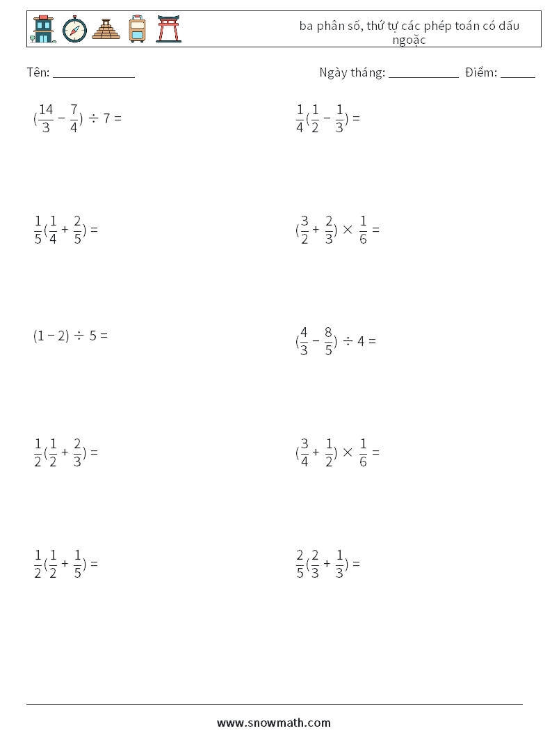 (10) ba phân số, thứ tự các phép toán có dấu ngoặc Bảng tính toán học 9